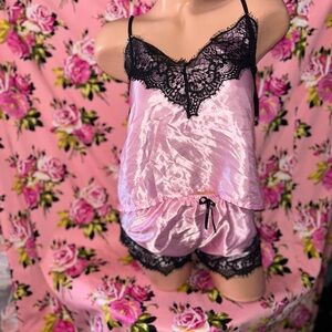 Luxurious Pink Satin Pajama Set with Black Lace
